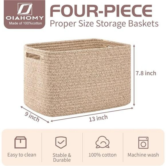 Woven Cotton Storage Baskets Set Cube Shelf Organizer Bins with Handles - Picture 2 of 8